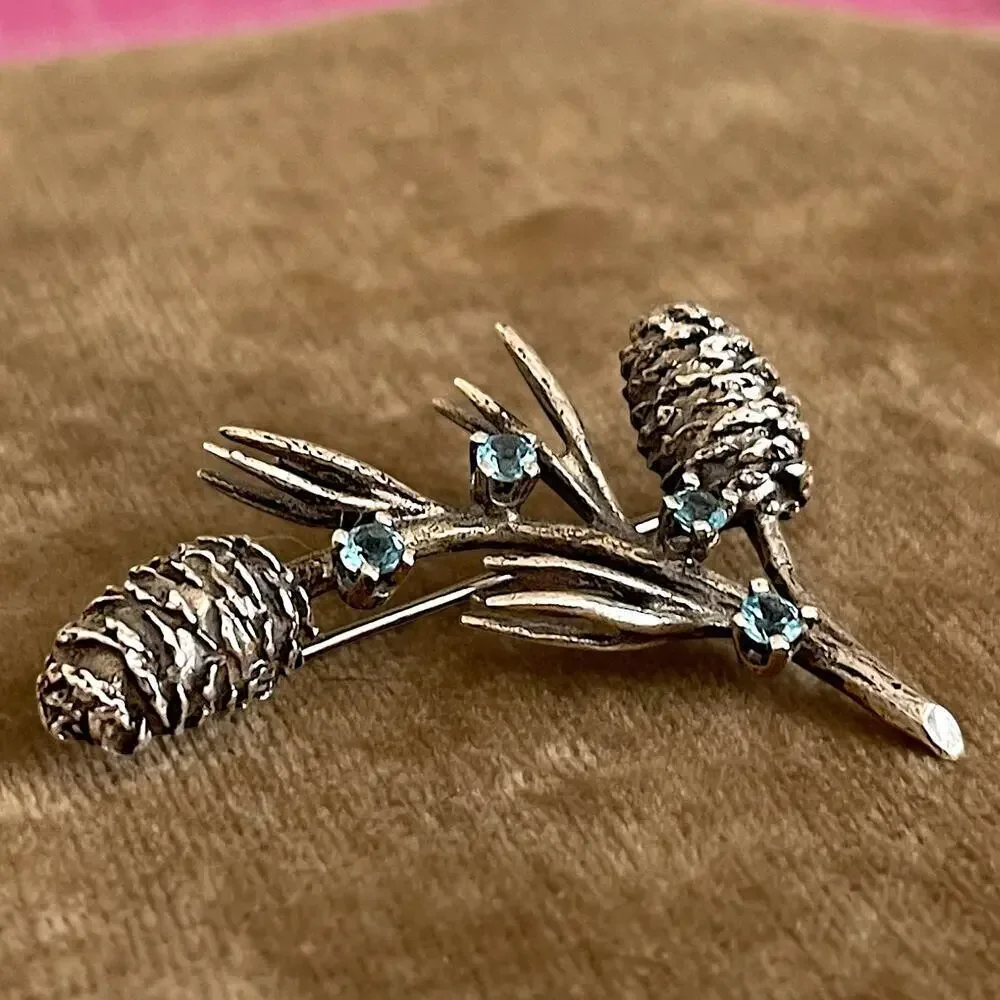 Vintage MFA Museum of Fine Arts Sterling Silver Pine Cone Bough Blue Pin Brooch
